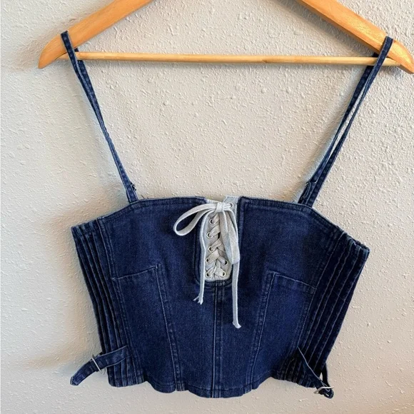 NWT Lulus Dark Wash Denim Cropped Cami Corset Medium - Picture 4 of 10